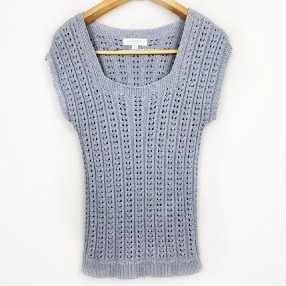 Isaac Mizrahi Women’s Gray Knit Shirt Large – Square Neck, Short Sleeves